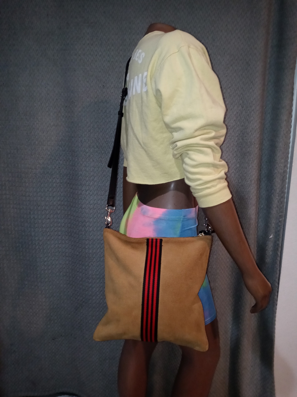 Clare V. Sac Bretelle Suede Crossbody Bag with Red & Black Stripes